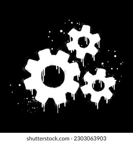 Spray painted graffiti of moving gears wheels. gear icon drip symbol. isolated on black background. vector illustration