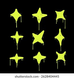Spray Pintado Graffiti neon amarelo estrelas cintilantes ícones conjunto. Arte de rua pulverizada isolada com um fundo preto. Grafite urbano brilhando estourar com spray. Ilustração vetorial.