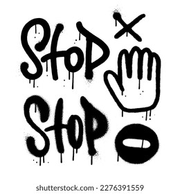 Spray Painted Graffiti set with different Stop signs - Hand icon, cross, word. Sprayed black paint isolated with a white background. Urban graffiti Stop Hand symbol with over spray vector texture.