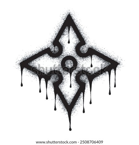 Spray Painted Graffiti Shuriken Sprayed isolated on white background. graffiti ninja weapon symbol with overspray in black on white.