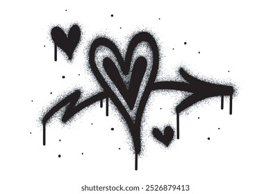 Spray Painted Graffiti Sign of a heart pierced by an arrow Sprayed isolated on a white background. graffiti falling in love symbol with overspray in black on white.