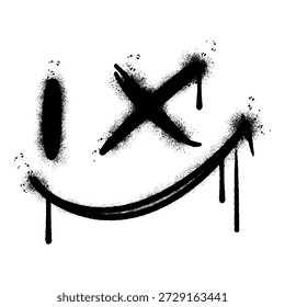 Spray painted graffiti smile face icon with drips. Urban street art smiley symbol with cross eye and dripping ink. Vector illustration isolated on white background.
