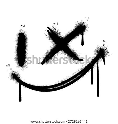 Spray painted graffiti smile face icon with drips. Urban street art smiley symbol with cross eye and dripping ink. Vector illustration isolated on white background.