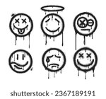 Spray painted graffiti smiling face set. Spraying emoticon smiley faces grunge graffittis signs with stains, black symbols on white isolated vector illustration
