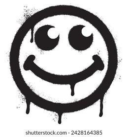 Graffiti pintado en aerosol emoticono de cara sonriente aislado sobre fondo blanco. ilustración vectorial.