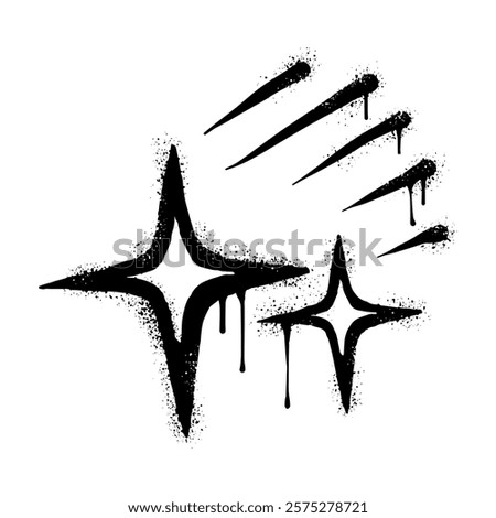 Spray painted graffiti sparkle icon. black over white. stars sparkle drip symbol. isolated on white background. vector illustration