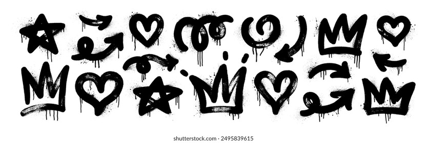 Spray painted graffiti style stars, crowns, arrows, hearts and squiggles. Collection of brush drawn vector doodle shapes with spray texture. Creative various abstract forms with ink drips.