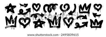 Spray painted graffiti style stars, crowns, arrows, hearts and squiggles. Collection of brush drawn vector doodle shapes with spray texture. Creative various abstract forms with ink drips.
