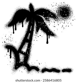 Spray Painted Graffiti summer icon with palm tree and moon isolated on white background.