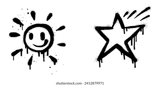 Spray painted graffiti sun and Star sign in black over white. Star drip symbol.  isolated on white background. vector illustration