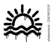 Spray Painted Graffiti sunset icon Sprayed isolated with a white background. graffiti sunrise symbol with over spray in black over white.