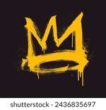 Spray painted graffiti yellow crown sign with drips. Graffiti drawing symbol isolated on white. Grunge bold crown with spray texture. Street art style drawing. Brush drawn grunge rough symbol.