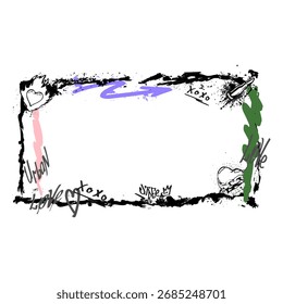 Borda de vetor horizontal pintada com spray. Grafite encadeado coração, bala e flechas com textura de tinta aerossol. Spray de tinta Amor, Xoxo, Texto urbano com borrifadores de tinta e gotejamento