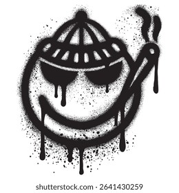 spray painted laughing emoji graffiti wearing a beanie and glasses