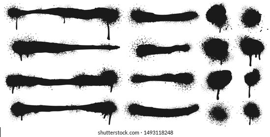 Spray painted lines and grunge dots. Paint splatter circle shapes, graffiti drawing strokes and dirty street art texture. Black dot print and splattered line. Isolated vector symbols set