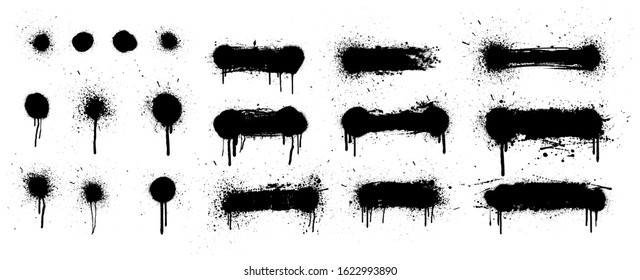 Spray Painted Lines And Grunge Dots. Graffiti Stencil Template. Isolated Collection. Paint Splatter Circle Shapes And Dirty Street Art Texture. Black Dot Print And Splattered Line. Vector Set