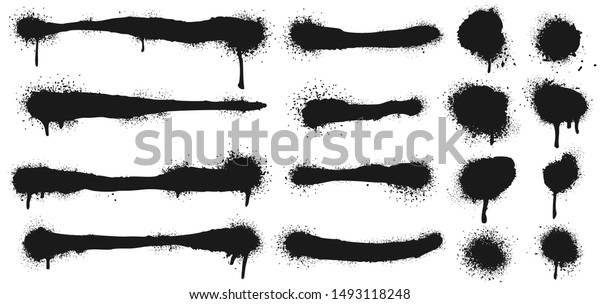 Spray painted lines and grunge dots. Paint splatter\
circle shapes, graffiti drawing strokes and dirty street art\
texture. Black dot print and splattered line. Isolated vector\
symbols set