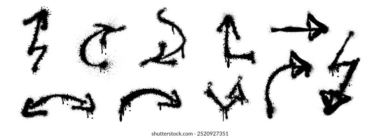 Spray painted street art, set of arrow in grunge style. Vector isolated direction drip symbols with splatter and dripping ink. Charcoal up and down cursor emblems. Graffiti lines, spot dirty