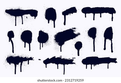 Spray painted texture set. Paint splatter dots black, graffiti drips, sprayed paints. Street art print, vandalism paint circle splat spot grunge silhouette. Template vector symbols.