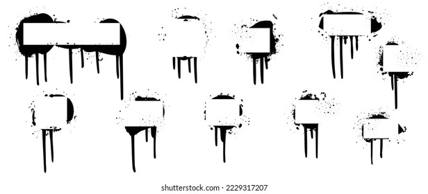 Spray painted texture vector set. Graffiti, dripping, black square edged banner, stencil backdrop and spray paint texture borders on white background. Design for sticker, decoration, street art.