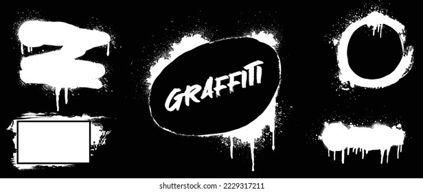 Spray painted texture vector set. White paint splatter dots, graffiti, dripping, banner, stencil spray paint grunge border texture on black background. Design for sticker, decoration, street art.