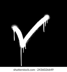Spray painted tick mark graffiti. Sign yes brush drawing. Checkmark white vector illustration isolated on black background. Urban art. Business presentation element.