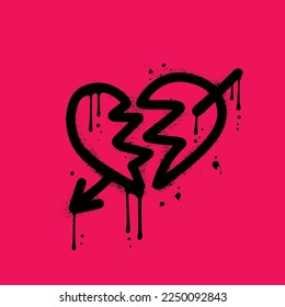 Spray Painted Urban Graffiti Broken heart icon. Sprayed vector illustration isolated. Textured grafitti love break with over spray in black over magenta.