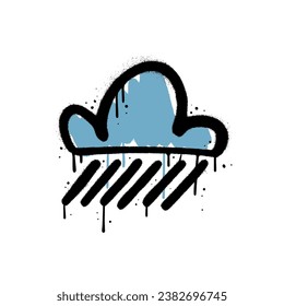 Nube de graffiti urbano pintado con aerosol e icono de lluvia rociado aislado en un fondo blanco. Arte callejero Nube y lluvia con aerosol en negro sobre blanco con mancha azul. Ilustración vectorial.