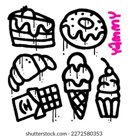 Spray Painted Urnab Graffiti sweets icon set. Sprayed yammy elements isolated with a white background. Ice cream, donut, cupcake, chocolate bar, croissant with paint overspray. Vector illustration.