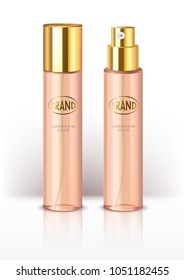 Spray parfum bottles (opened and closed) for catalogues or beauty advertising layout.