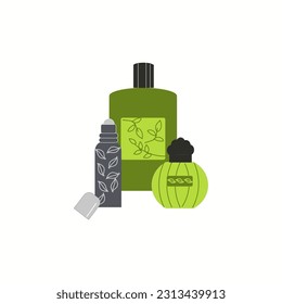 Spray perfume, cologne, rollerball perfume oil on a white background.Vector illustration