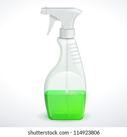 Spray Pistol Cleaner Plastic Bottle White With Green Liquid Transparent. Vector EPS10
