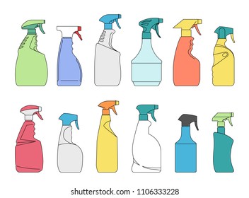 Spray Pistol Cleaner Plastic Bottles. Plastic bottles of cleaning product. Line vector icon bottles of household chemicals and cleaning supplies isolated on white background.