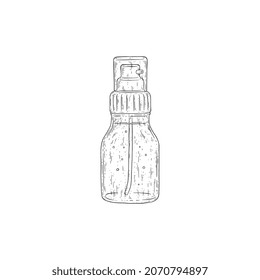 Spray plastic bottle with hand sanitizer or water to wet hair, vector sketch vintage drawing. Diffuser bottle of perfume or essential oil, hand drawn illustration isolated on white background.