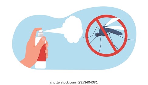 Spray for protection against mosquito bites. Hand hold spraying repellent aerosol. Bloodsucker insect in forbidden sign. Bugs bite prevention. Cartoon flat style isolated vector concept