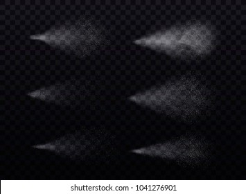 Spray realistic set of isolated detailed granular images of white mist trails on dark transparent background vector illustration