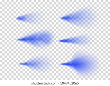 Spray realistic set with six isolated images of blue spray trails of different shape on transparent background vector illustration