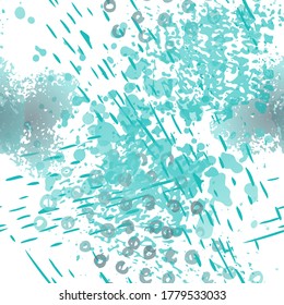 Spray Seamless Pattern. Fashion Concept. Distress Print. Blue, Green, Gray Illustration. Summer Surface Textile. Ink Stains. Spray Paint. Splash Blots. Artistic Creative Vector Background.
