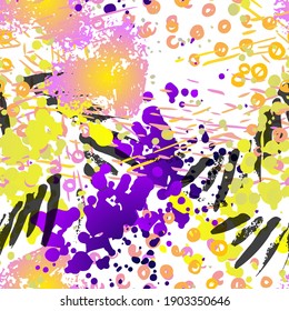 Spray Seamless Pattern. Fashion Concept. Distress Print. Color, Bright Illustration. Camo Surface Textile. Ink Stains. Spray Paint. Splash Blots. Artistic Creative Vector Background.