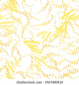 Spray Seamless Pattern. Fashion Concept. Distress Print. Yellow, Orange Illustration. Glamour Surface Textile. Ink Stains. Spray Paint. Splash Blots. Artistic Creative Vector Background.