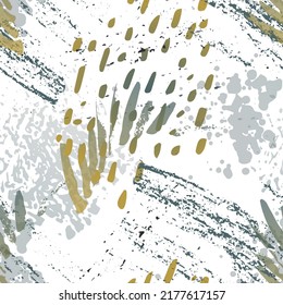 Spray Seamless Pattern. Fashion Concept. Distress Print. Black, Gold Illustration. Urban Surface Textile. Ink Stains. Spray Paint. Splash Blots. Artistic Creative Vector Background.