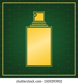 Spray sign. Golden icon with gold contour at dark green gridded white background. Illustration.
