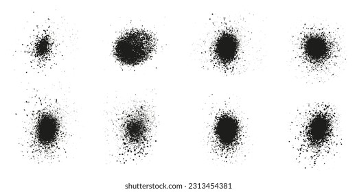 Spray, Spatter and Grunge Effect. Circle Dots, Grain Texture. Black Round Brush Splatter. Abstract Graphic Design Element. Distress Noise, Ink Splash. Isolated Vector Illustration.