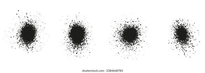 Spray, Spatter and Grunge Effect. Circle Dots, Grain Texture. Black Round Brush Splatter. Abstract Graphic Design Element. Distress Noise, Ink Splash. Isolated Vector Illustration.