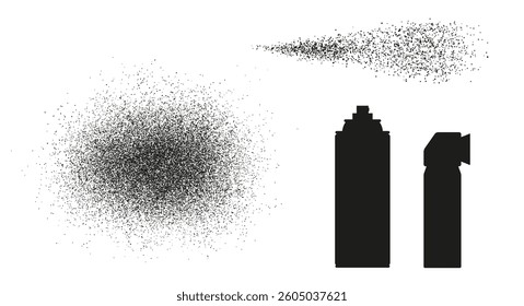 Spray splash and blot, graffiti bottle can. Grunge, grainy texture. Flat vector illustration isolated on white background.