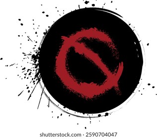 Spray, splashes, STOP icon hand drawn. Vector design brush red circle prohibition on black background, brush strokes drops of paint