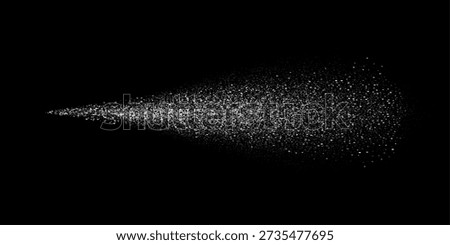 Spray splatter texture background. White droplets spreading outward into dispersed dots on black backdrop. Dynamic dispersion effect of aerosol flow. Minimal vector illustration with monochrome style.
