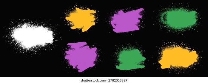 Spray spot paint graffiti shapes with aerosol chalk and rough overlay. Colorful spray frames for school and education poster. Abstract vector spot design elements with punk flyer particle texture set.