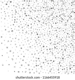 Spray of stars. Isolated gradient celestial elements. Silver metal glitter. Holiday celebration luminous vector background for celebration decorations, packaging, flyers, posters.