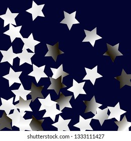 Spray of stars. Isolated gradient celestial elements. Silver metallic gloss. Holiday celebration luminous vector background for celebration decorations,  flyers, posters.